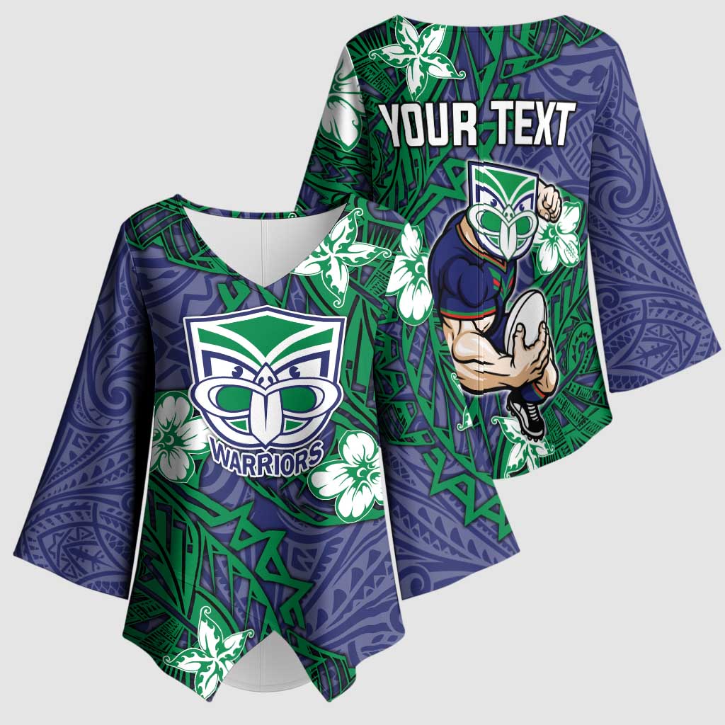 Personalised New Zealand Warriors Kimono Sleeve Blouse Polynesian Tribal Pattern With Rugby Warrior Mascot Art