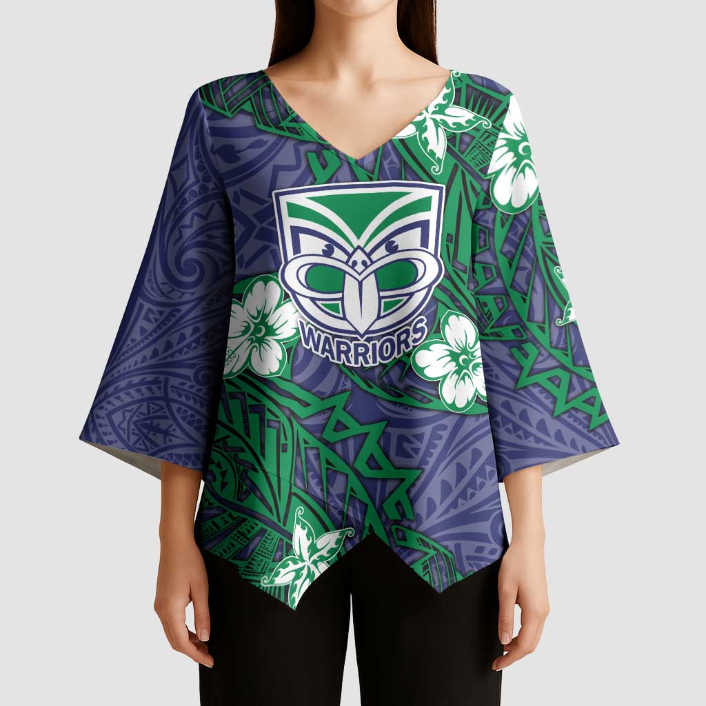 Personalised New Zealand Warriors Kimono Sleeve Blouse Polynesian Tribal Pattern With Rugby Warrior Mascot Art