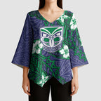 Personalised New Zealand Warriors Kimono Sleeve Blouse Polynesian Tribal Pattern With Rugby Warrior Mascot Art