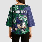 Personalised New Zealand Warriors Kimono Sleeve Blouse Polynesian Tribal Pattern With Rugby Warrior Mascot Art