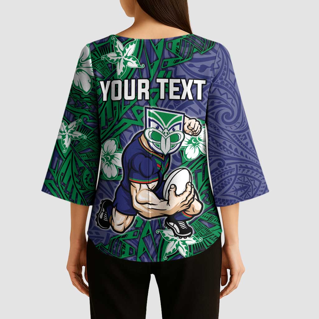 Personalised New Zealand Warriors Kimono Sleeve Blouse Polynesian Tribal Pattern With Rugby Warrior Mascot Art