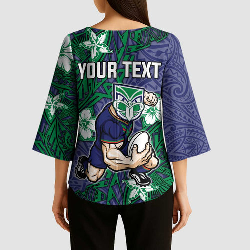 Personalised New Zealand Warriors Kimono Sleeve Blouse Polynesian Tribal Pattern With Rugby Warrior Mascot Art
