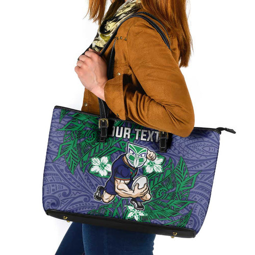 Personalised New Zealand Warriors Leather Tote Bag Polynesian Tribal Pattern With Rugby Warrior Mascot Art