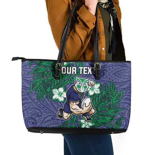 Personalised New Zealand Warriors Leather Tote Bag Polynesian Tribal Pattern With Rugby Warrior Mascot Art