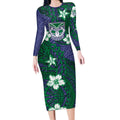 Personalised New Zealand Warriors Long Sleeve Bodycon Dress Polynesian Tribal Pattern With Rugby Warrior Mascot Art