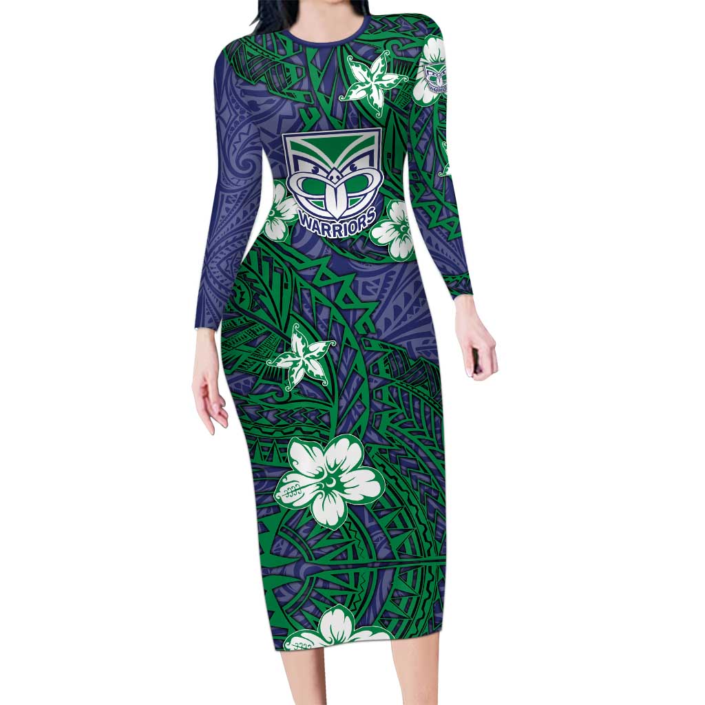 Personalised New Zealand Warriors Long Sleeve Bodycon Dress Polynesian Tribal Pattern With Rugby Warrior Mascot Art