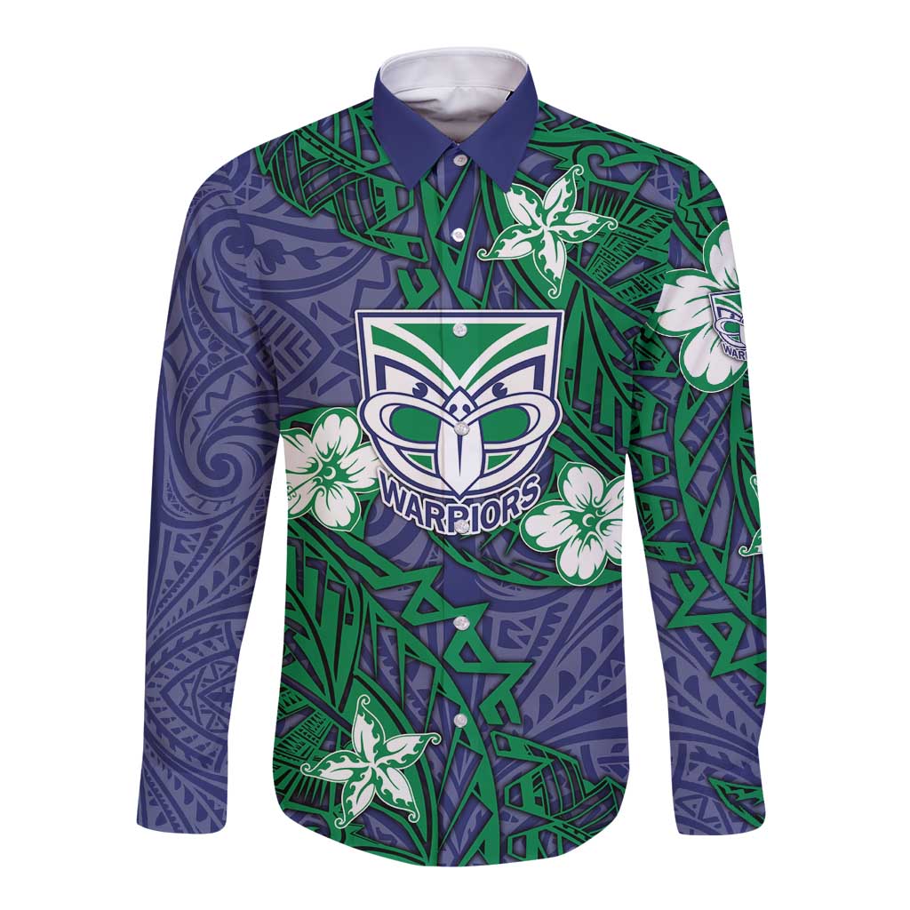 Personalised New Zealand Warriors Long Sleeve Button Shirt Polynesian Tribal Pattern With Rugby Warrior Mascot Art