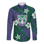 Personalised New Zealand Warriors Long Sleeve Button Shirt Polynesian Tribal Pattern With Rugby Warrior Mascot Art