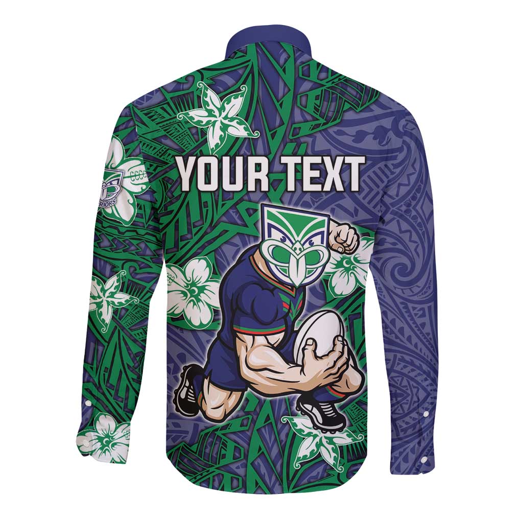 Personalised New Zealand Warriors Long Sleeve Button Shirt Polynesian Tribal Pattern With Rugby Warrior Mascot Art
