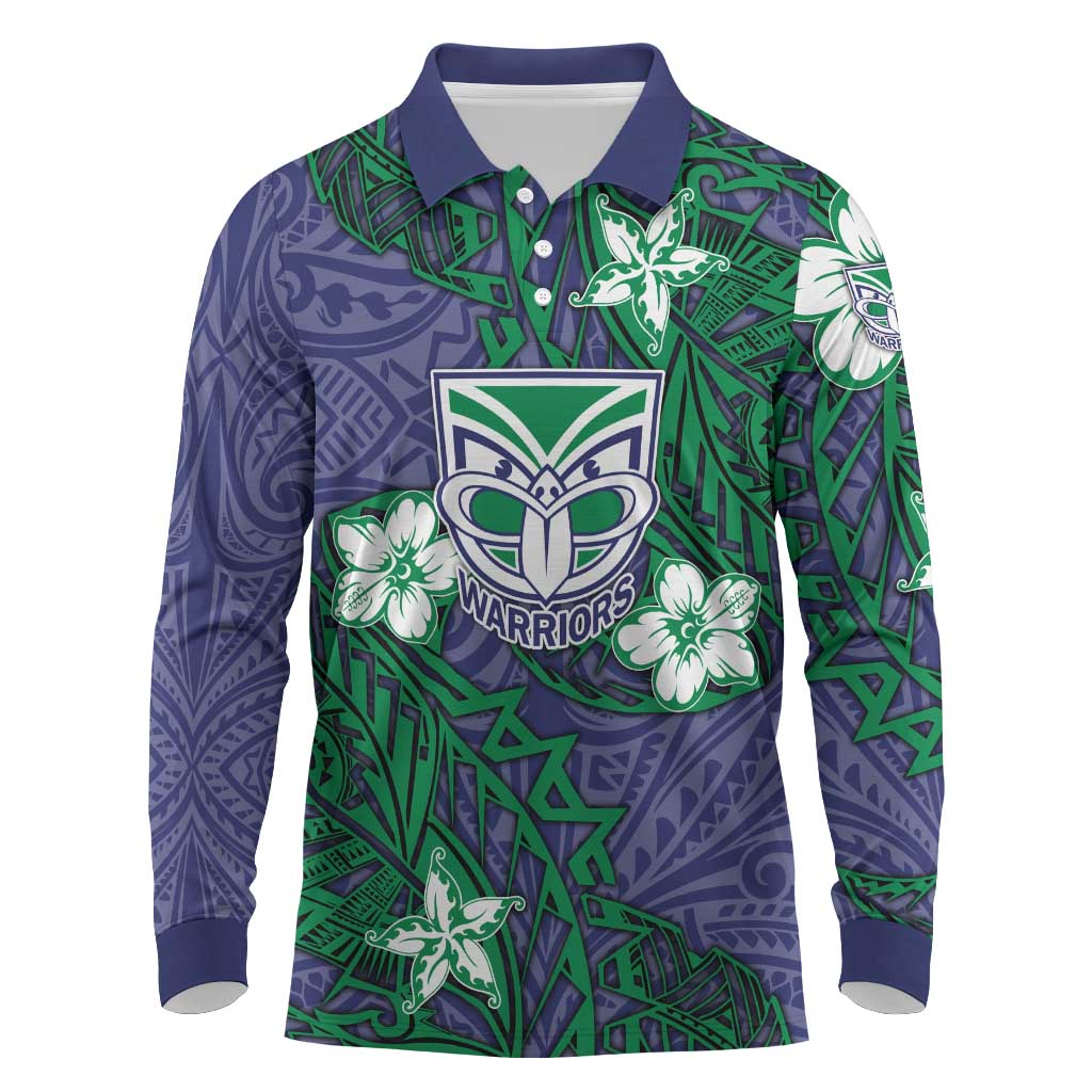 Personalised New Zealand Warriors Long Sleeve Polo Shirt Polynesian Tribal Pattern With Rugby Warrior Mascot Art
