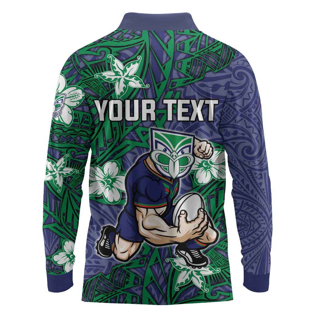 Personalised New Zealand Warriors Long Sleeve Polo Shirt Polynesian Tribal Pattern With Rugby Warrior Mascot Art