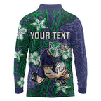 Personalised New Zealand Warriors Long Sleeve Polo Shirt Polynesian Tribal Pattern With Rugby Warrior Mascot Art