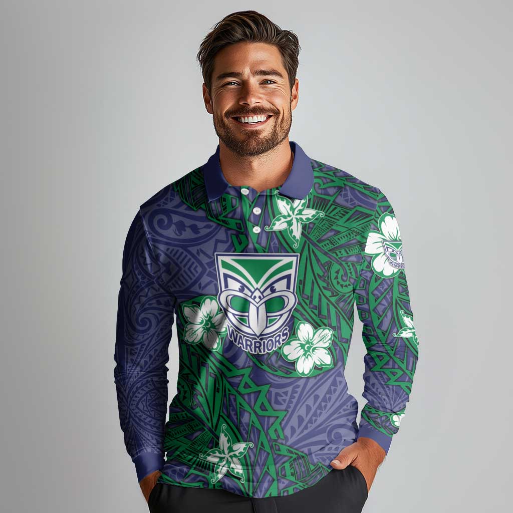 Personalised New Zealand Warriors Long Sleeve Polo Shirt Polynesian Tribal Pattern With Rugby Warrior Mascot Art