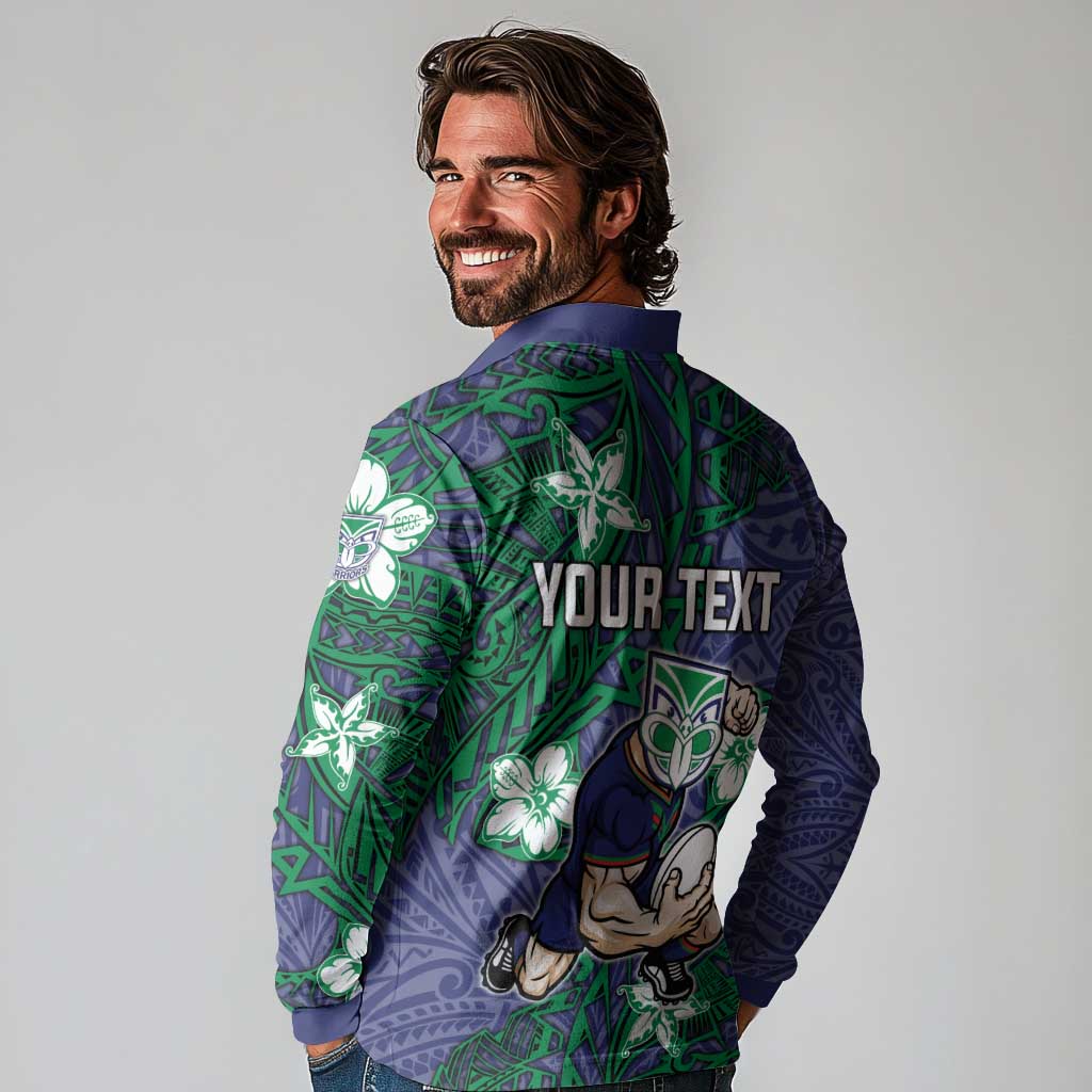 Personalised New Zealand Warriors Long Sleeve Polo Shirt Polynesian Tribal Pattern With Rugby Warrior Mascot Art