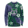 Personalised New Zealand Warriors Long Sleeve Shirt Polynesian Tribal Pattern With Rugby Warrior Mascot Art