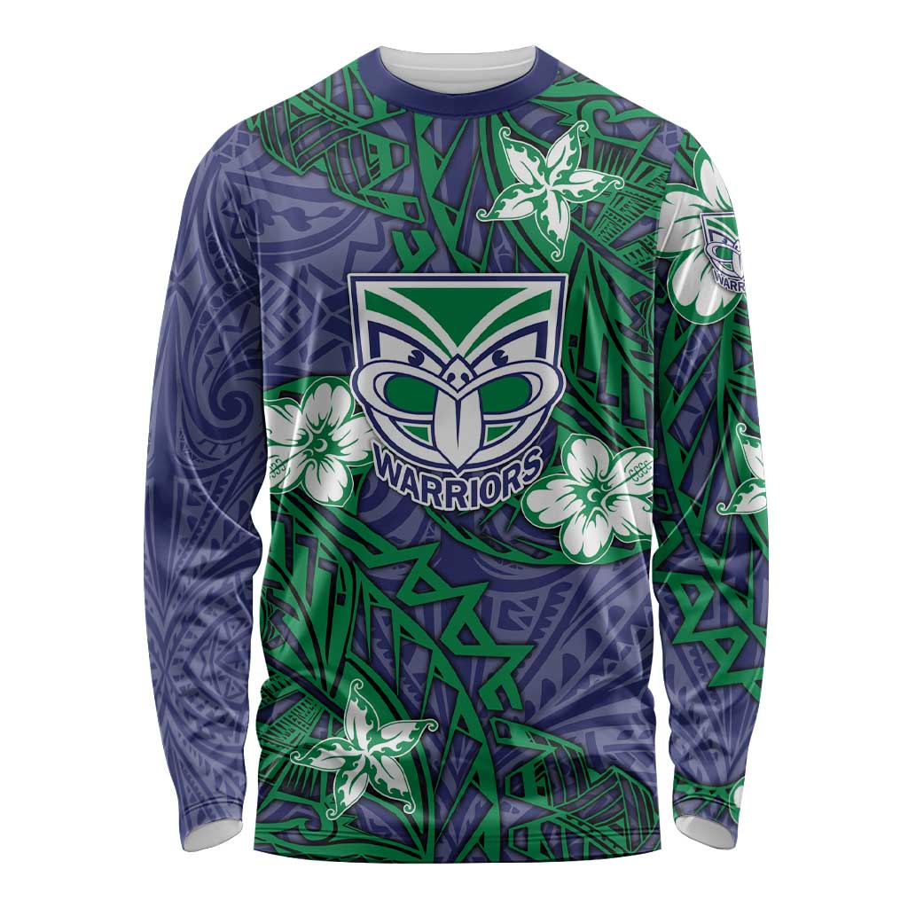 Personalised New Zealand Warriors Long Sleeve Shirt Polynesian Tribal Pattern With Rugby Warrior Mascot Art