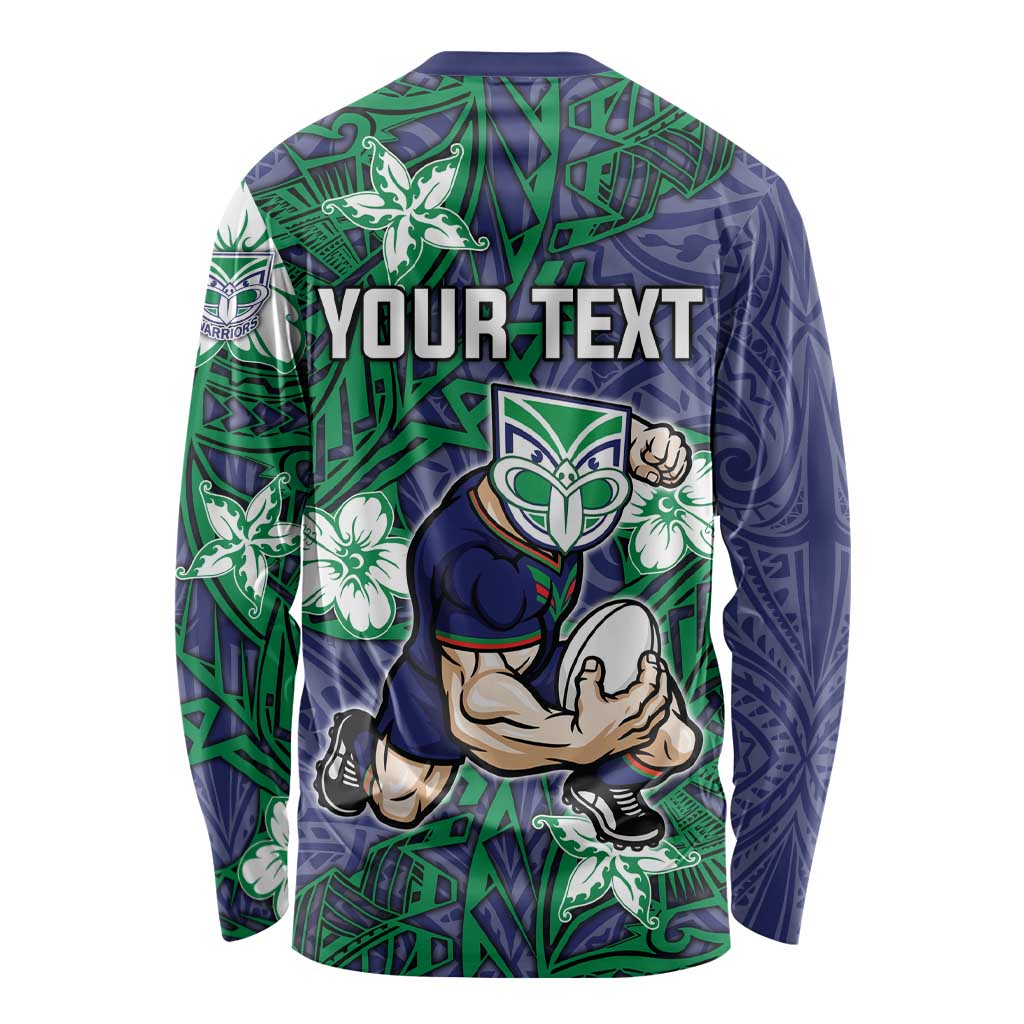 Personalised New Zealand Warriors Long Sleeve Shirt Polynesian Tribal Pattern With Rugby Warrior Mascot Art