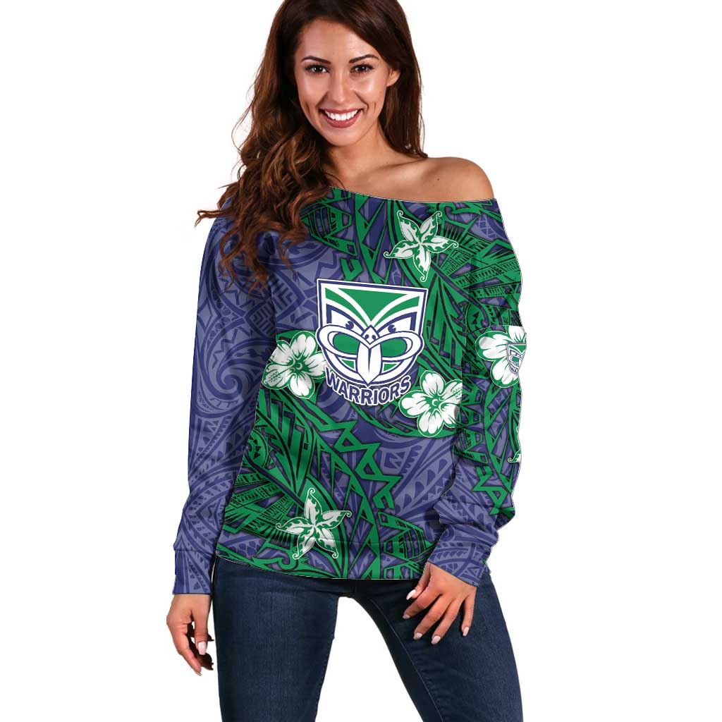 Personalised New Zealand Warriors Off Shoulder Sweater Polynesian Tribal Pattern With Rugby Warrior Mascot Art