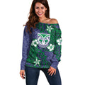 Personalised New Zealand Warriors Off Shoulder Sweater Polynesian Tribal Pattern With Rugby Warrior Mascot Art