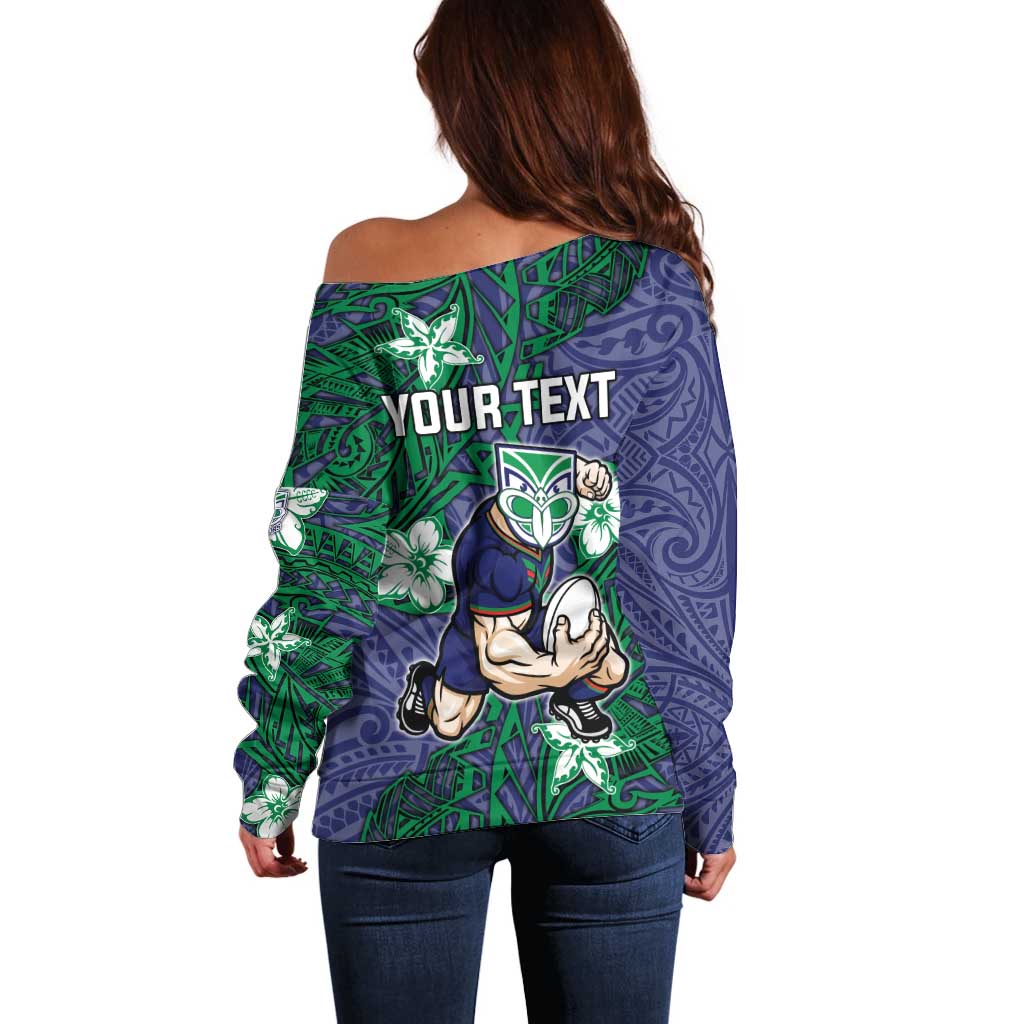Personalised New Zealand Warriors Off Shoulder Sweater Polynesian Tribal Pattern With Rugby Warrior Mascot Art