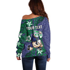Personalised New Zealand Warriors Off Shoulder Sweater Polynesian Tribal Pattern With Rugby Warrior Mascot Art