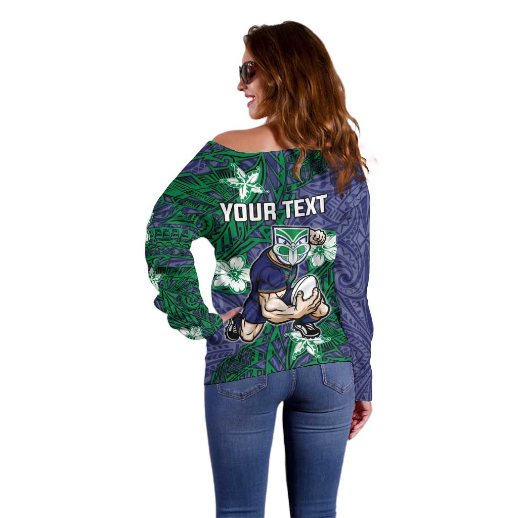 Personalised New Zealand Warriors Off Shoulder Sweater Polynesian Tribal Pattern With Rugby Warrior Mascot Art