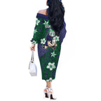 Personalised New Zealand Warriors Off The Shoulder Long Sleeve Dress Polynesian Tribal Pattern With Rugby Warrior Mascot Art