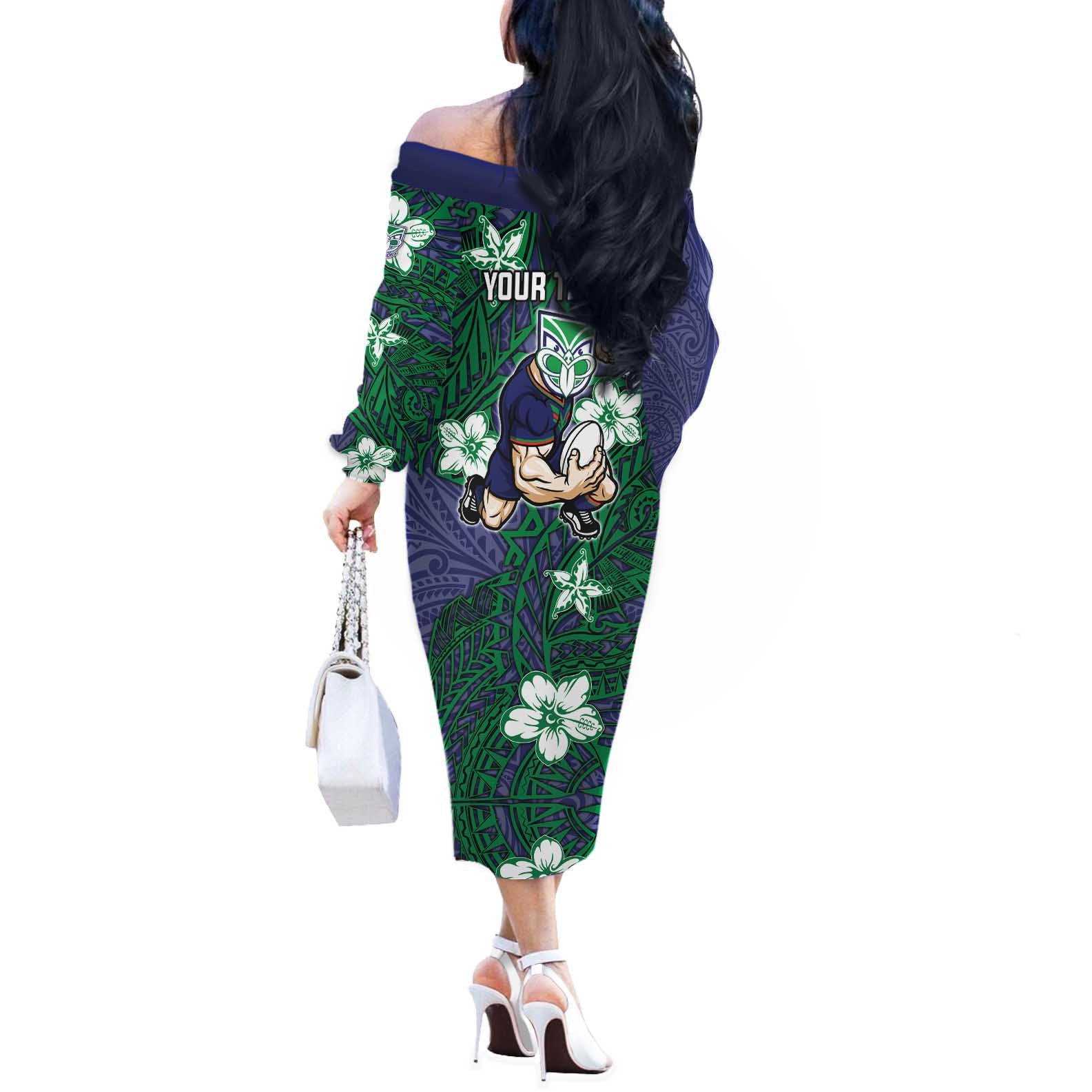Personalised New Zealand Warriors Off The Shoulder Long Sleeve Dress Polynesian Tribal Pattern With Rugby Warrior Mascot Art