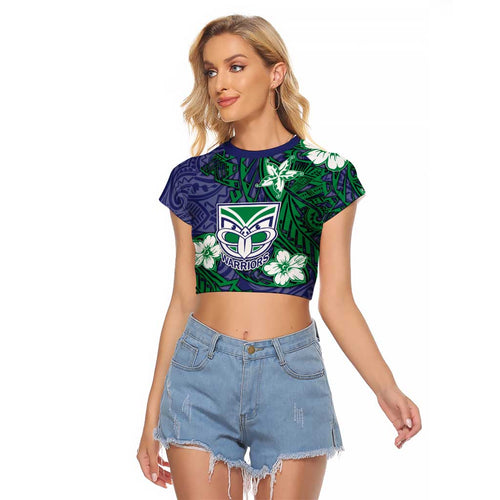 Personalised New Zealand Warriors Raglan Cropped T Shirt Polynesian Tribal Pattern With Rugby Warrior Mascot Art