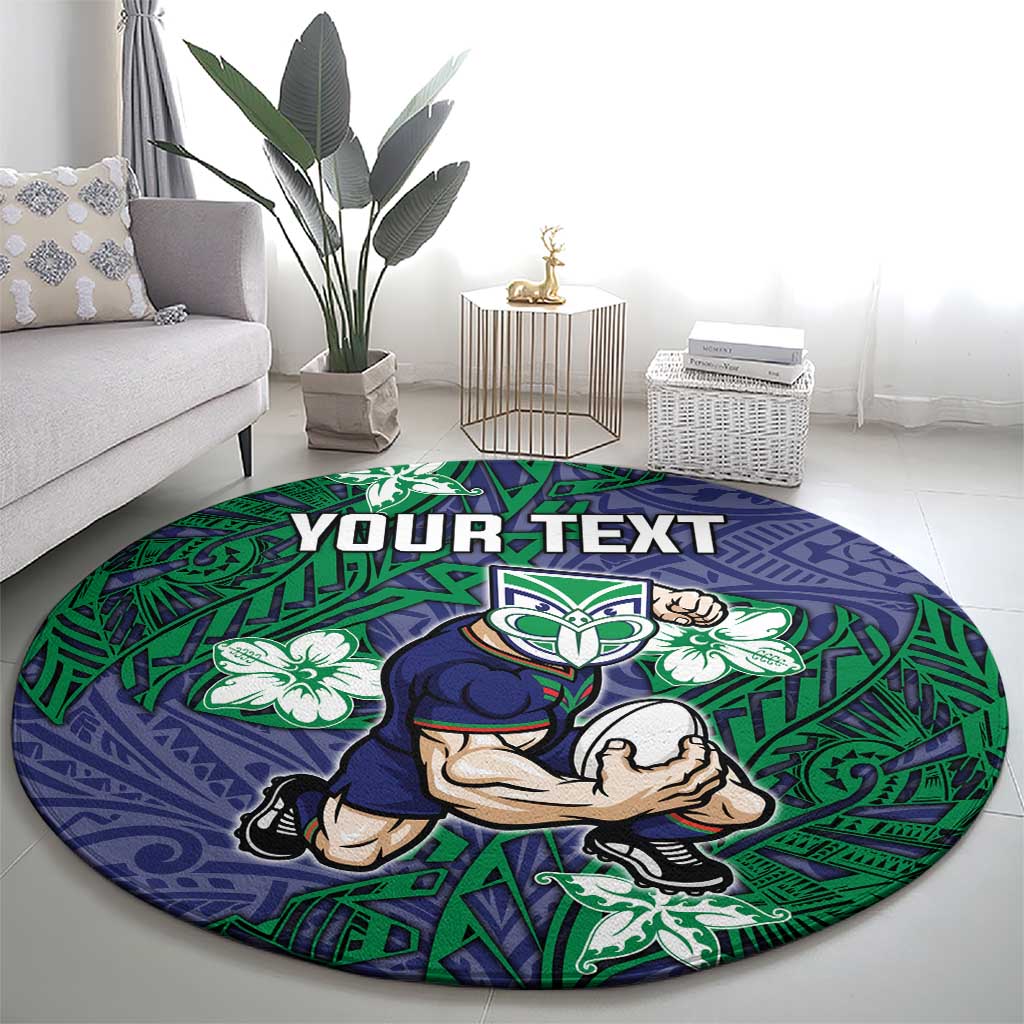 Personalised New Zealand Warriors Round Carpet Polynesian Tribal Pattern With Rugby Warrior Mascot Art