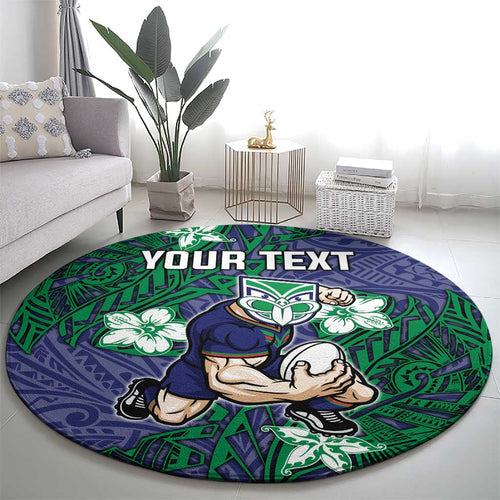 Personalised New Zealand Warriors Round Carpet Polynesian Tribal Pattern With Rugby Warrior Mascot Art