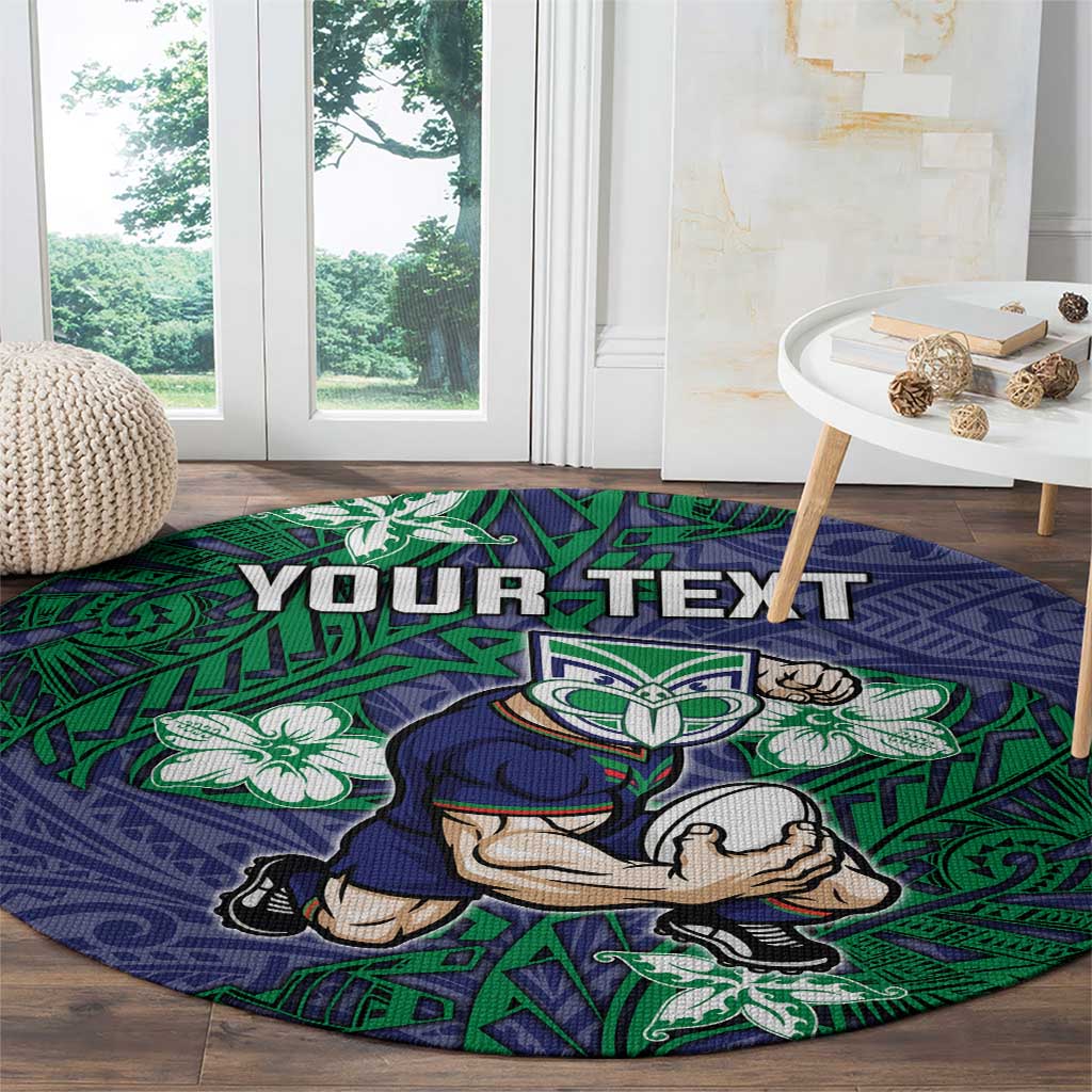 Personalised New Zealand Warriors Round Carpet Polynesian Tribal Pattern With Rugby Warrior Mascot Art