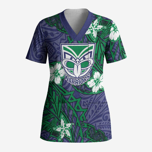 Personalised New Zealand Warriors Scrub Top Polynesian Tribal Pattern With Rugby Warrior Mascot Art