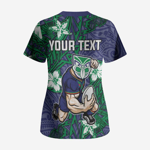 Personalised New Zealand Warriors Scrub Top Polynesian Tribal Pattern With Rugby Warrior Mascot Art
