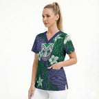 Personalised New Zealand Warriors Scrub Top Polynesian Tribal Pattern With Rugby Warrior Mascot Art