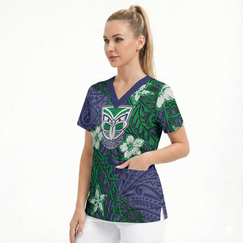 Personalised New Zealand Warriors Scrub Top Polynesian Tribal Pattern With Rugby Warrior Mascot Art