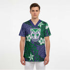Personalised New Zealand Warriors Scrub Top Polynesian Tribal Pattern With Rugby Warrior Mascot Art
