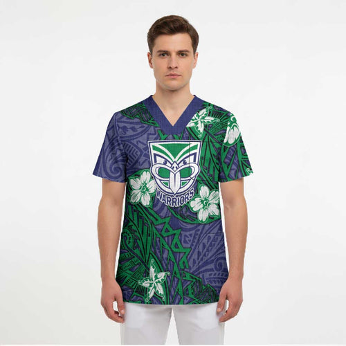 Personalised New Zealand Warriors Scrub Top Polynesian Tribal Pattern With Rugby Warrior Mascot Art