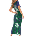 Personalised New Zealand Warriors Short Sleeve Bodycon Dress Polynesian Tribal Pattern With Rugby Warrior Mascot Art