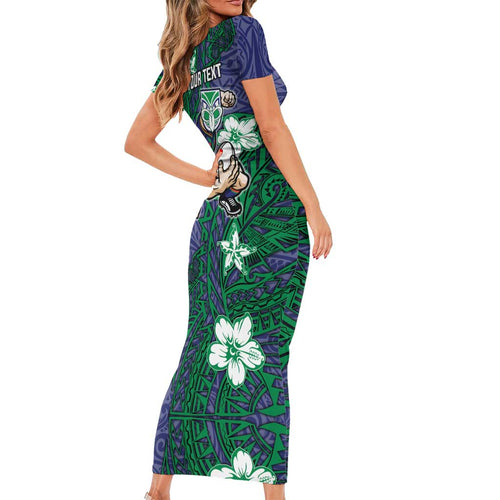Personalised New Zealand Warriors Short Sleeve Bodycon Dress Polynesian Tribal Pattern With Rugby Warrior Mascot Art