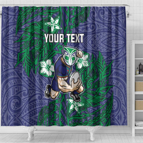 Personalised New Zealand Warriors Shower Curtain Polynesian Tribal Pattern With Rugby Warrior Mascot Art