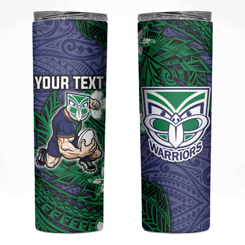 Personalised New Zealand Warriors Skinny Tumbler Polynesian Tribal Pattern With Rugby Warrior Mascot Art