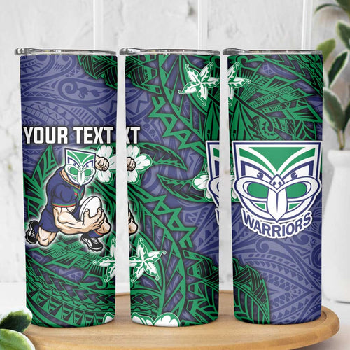Personalised New Zealand Warriors Skinny Tumbler Polynesian Tribal Pattern With Rugby Warrior Mascot Art
