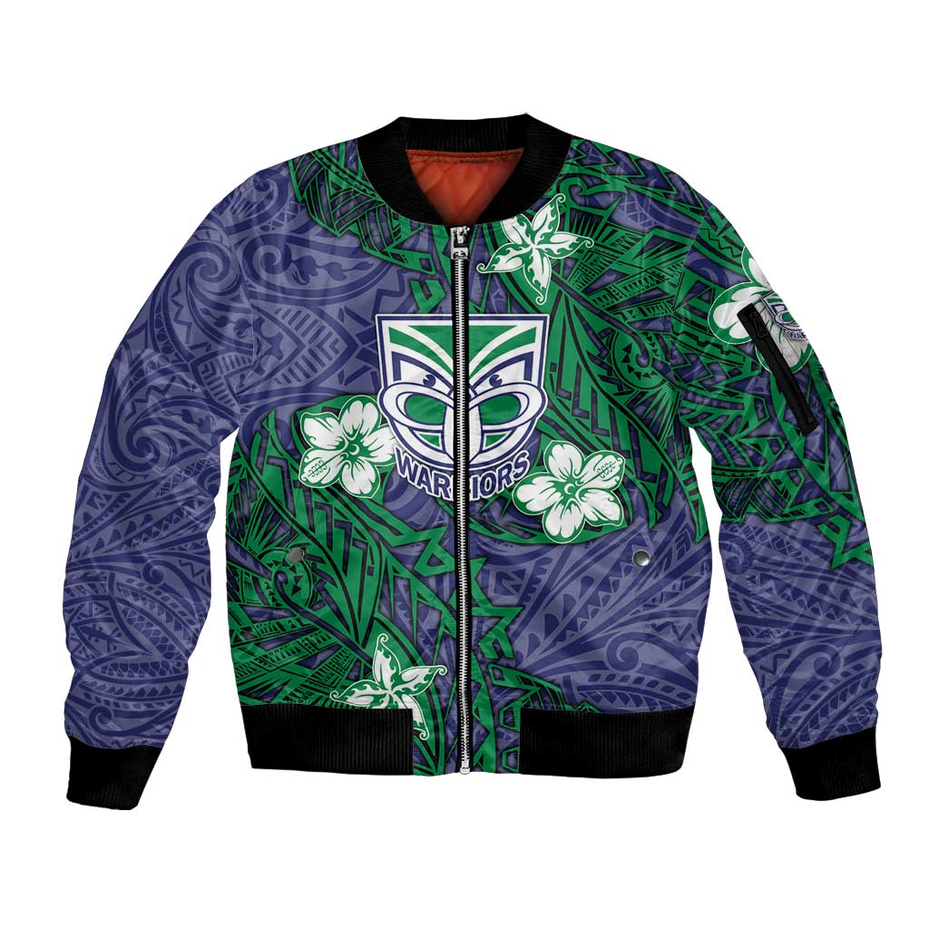 Personalised New Zealand Warriors Sleeve Zip Bomber Jacket Polynesian Tribal Pattern With Rugby Warrior Mascot Art
