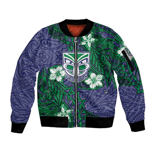 Personalised New Zealand Warriors Sleeve Zip Bomber Jacket Polynesian Tribal Pattern With Rugby Warrior Mascot Art