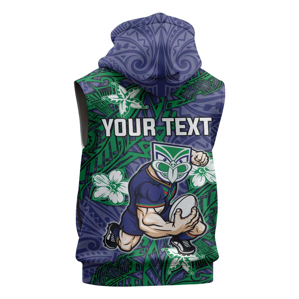 Personalised New Zealand Warriors Sleeveless Hoodie Polynesian Tribal Pattern With Rugby Warrior Mascot Art