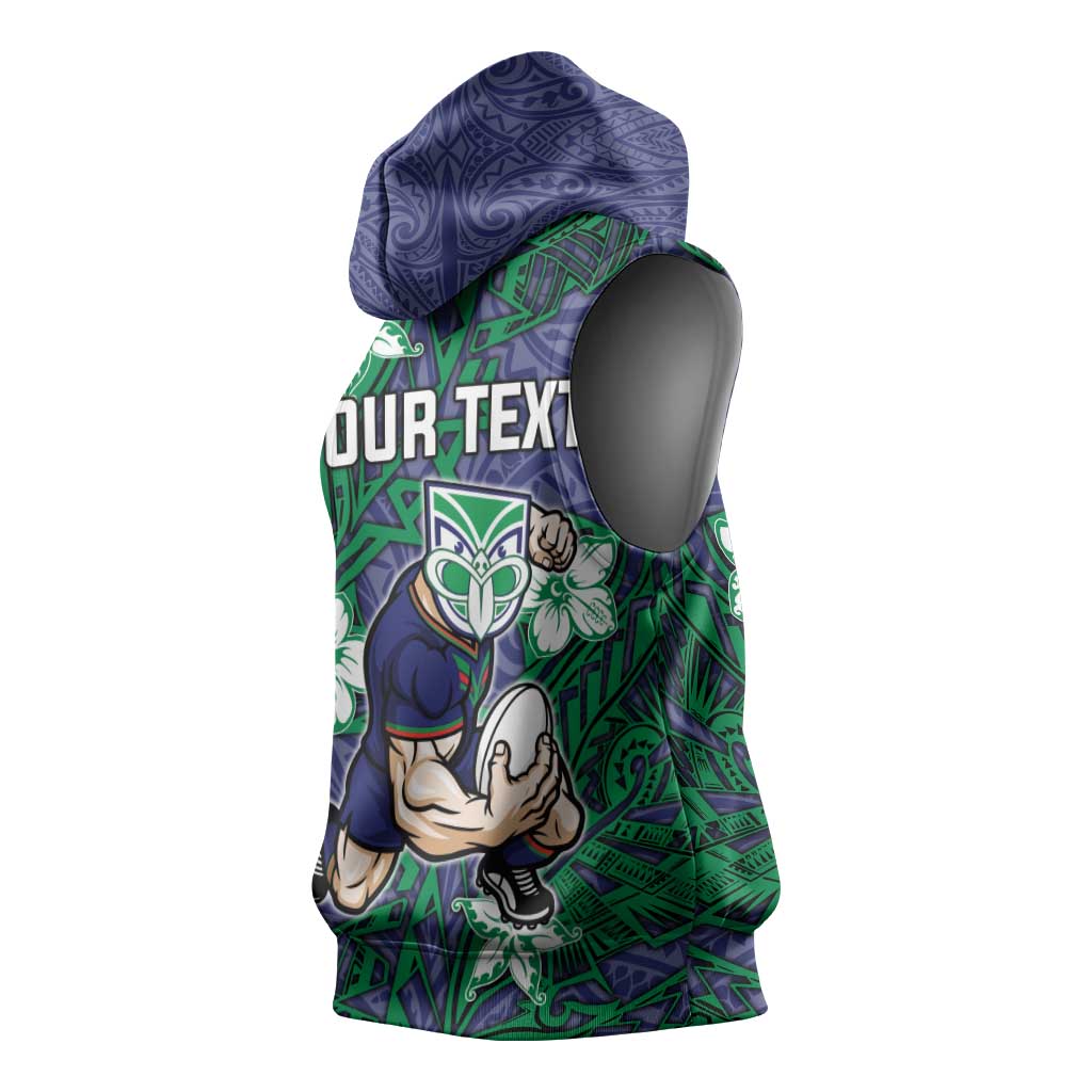 Personalised New Zealand Warriors Sleeveless Hoodie Polynesian Tribal Pattern With Rugby Warrior Mascot Art