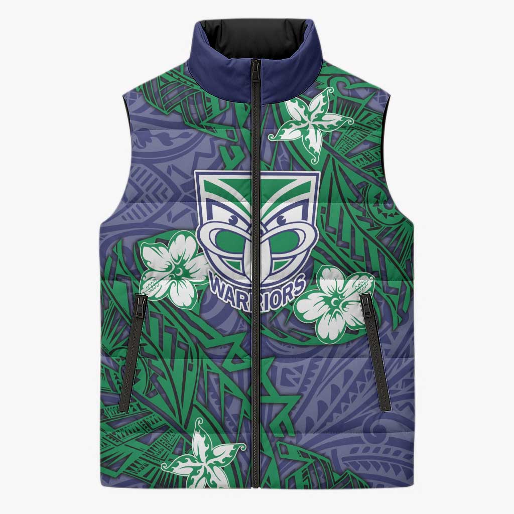 Personalised New Zealand Warriors Sleeveless Puffer Jacket Polynesian Tribal Pattern With Rugby Warrior Mascot Art