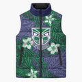 Personalised New Zealand Warriors Sleeveless Puffer Jacket Polynesian Tribal Pattern With Rugby Warrior Mascot Art