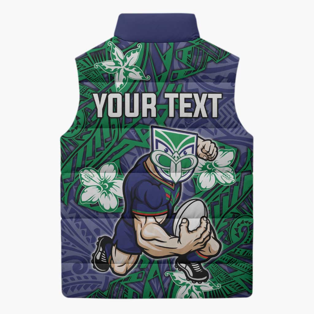 Personalised New Zealand Warriors Sleeveless Puffer Jacket Polynesian Tribal Pattern With Rugby Warrior Mascot Art